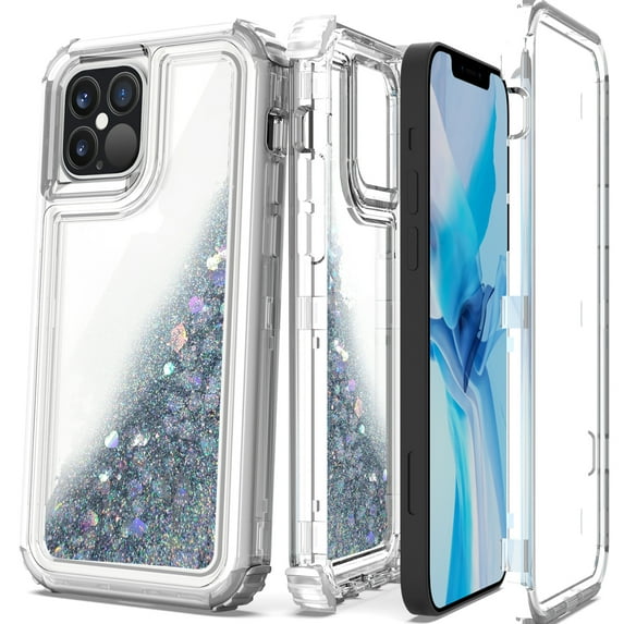 CoverON Apple iPhone 12 Pro Max Case (6.7"), Liquid Glitter Military Grade Heavy Duty Full Body Clear Bling Quicksand Cover, Silver