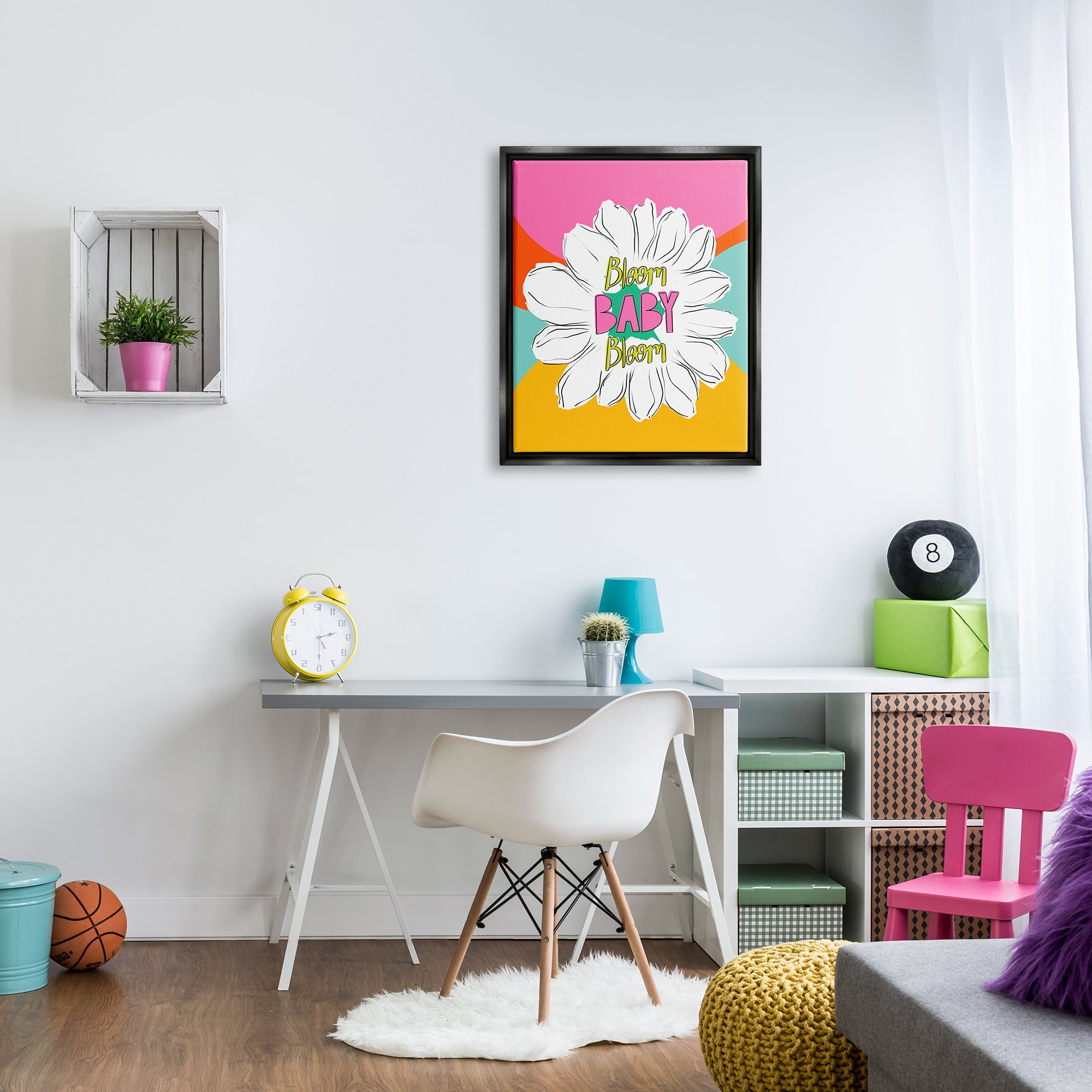 Stupell Industries Bloom Bright Flower Phrase Inspirational Painting Black Floater Framed Art Print Wall Art, 25 x 31