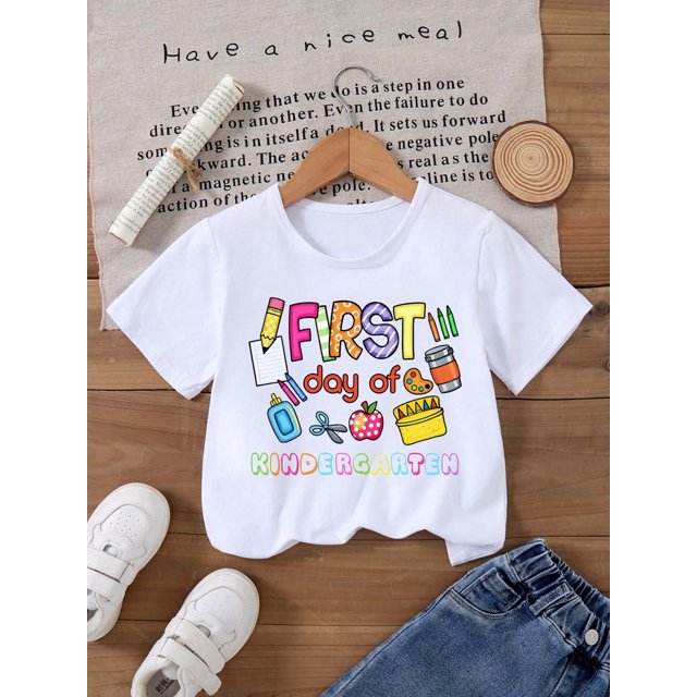 Fancy' Printed Crew Neck T-Shirt For Boys and Girls Back-To-School Season Short Sleeve T-Shirt Top For Toddlers