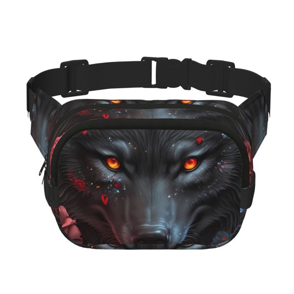 Sikiie Rose Full Moon Black Wolf Print Square Waist Bag, Zipper Design Double Layer Storage Bag, Travel Bag Sports Bag Car Bag Suitable for Men