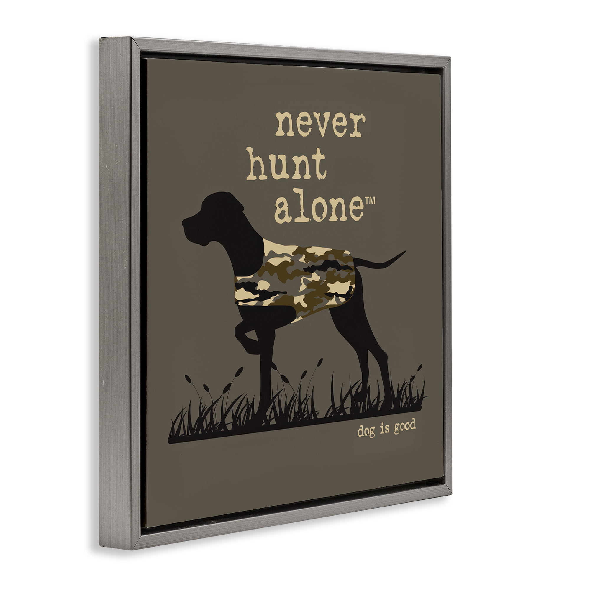 Stupell Industries Never Hunt Alone Dog Animals Painting Gray Floater Framed Canvas Art Print Wall Art, 18 x 18