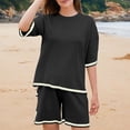 thumbnail image 3 of Summer Sets for Women Short Sleeve Round-Neck Blouses & Shirts Sets Women's Summer Solid Color Short Sleeve Shorts Shirt Casual Two-piece Set Summer Outfits Women Black m, 3 of 8