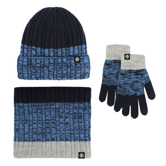 MIASHUI Winter Outdoor Cold Protection Warm Gradient Color Knit Hat and Scarf Three-Piece Set, Scarf Set for Men and Women Navy