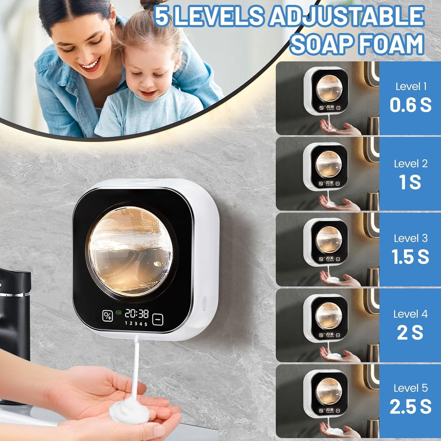Automatic Soap Dispenser, 320ML Touchless Smart Hand Soap Dispenser, 5 Adjustable Soap Levels, Rechargeable Wall Mounted Electric Foam Soap Dispenser for Bathroom Kitchen Office
