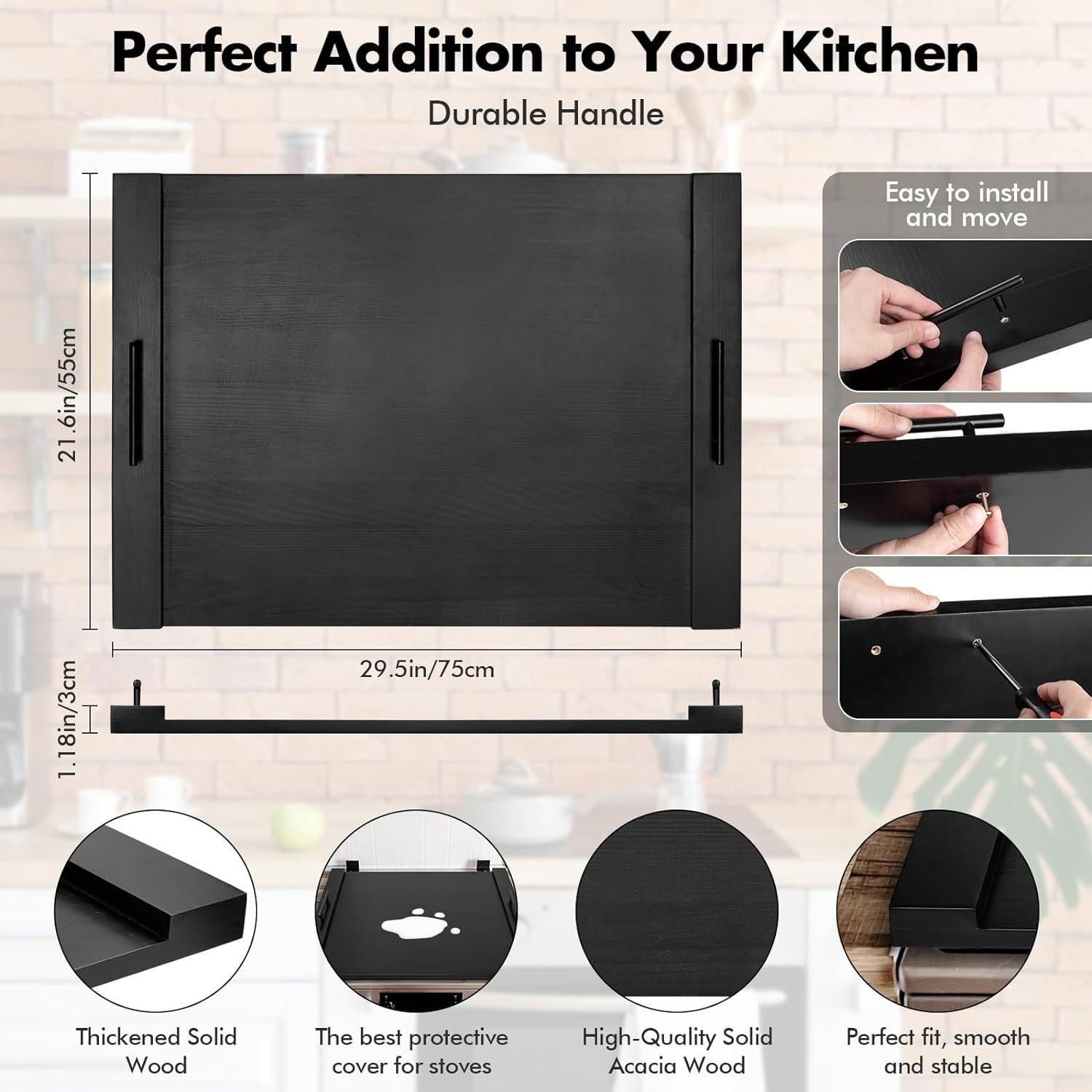 Noodle Board Stove Cover with Handles, Wood Stove Covers for Gas Stove Top, Glass Cooktop Protector, Wooden Stovetop Cover, Versatile Cutting Boards with Groove, Sink Cover, Serving Tray