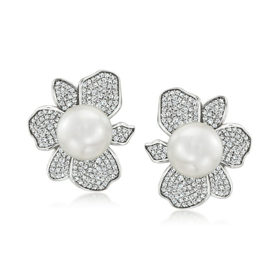Ross-Simons 11mm Shell Pearl and 2.20 ct. t.w. CZ Floral Earrings in Sterling Silver, Women's, Adult