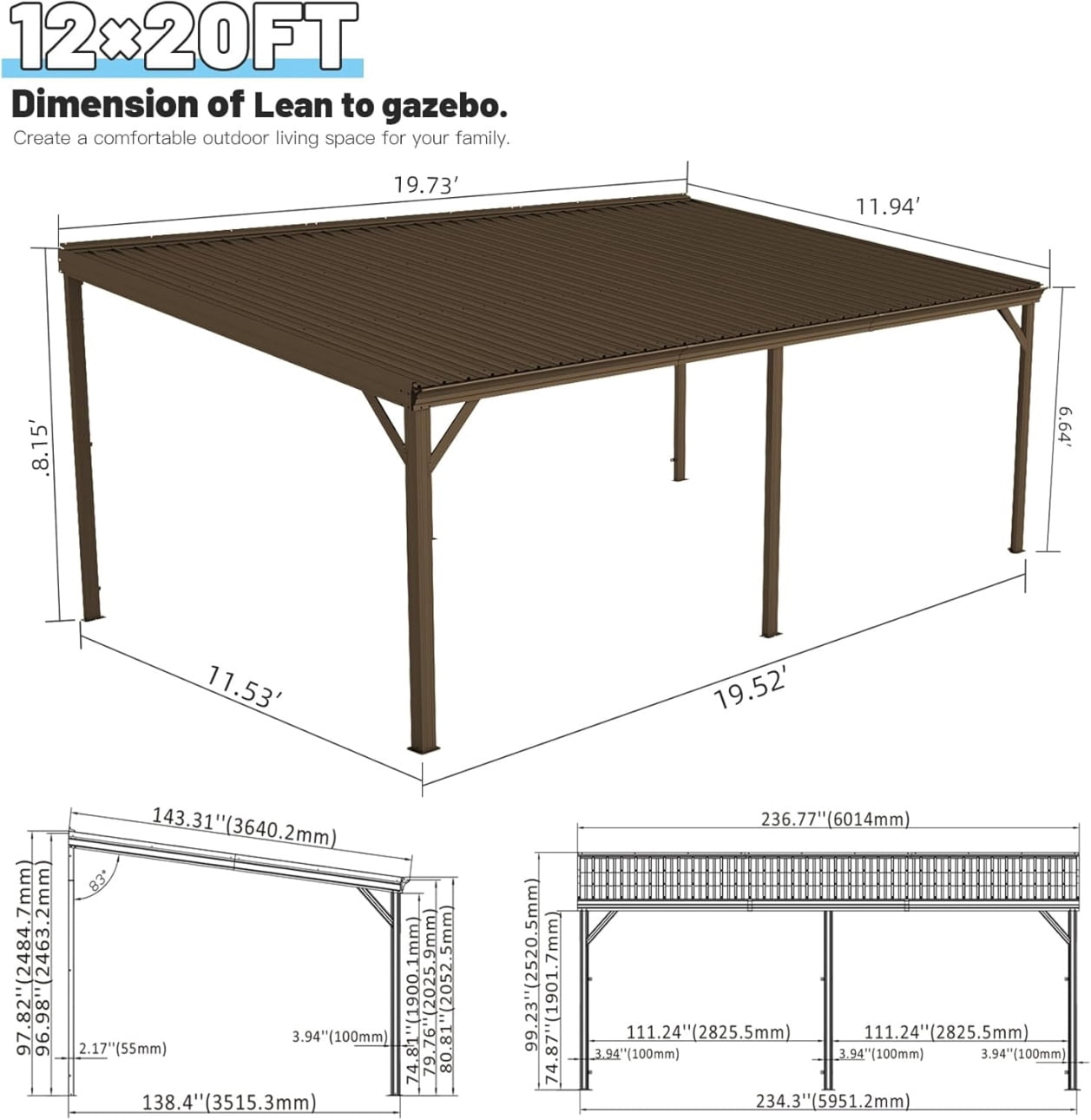 12x20FT Lean to Gazebo, Wall Mounted Gazebos Pergola with Drainage System, Upgraded Heavy Duty Awnings with Sloping Roof, Hardtop Patio Shelter for Deck, Porch, Backyard, Brown
