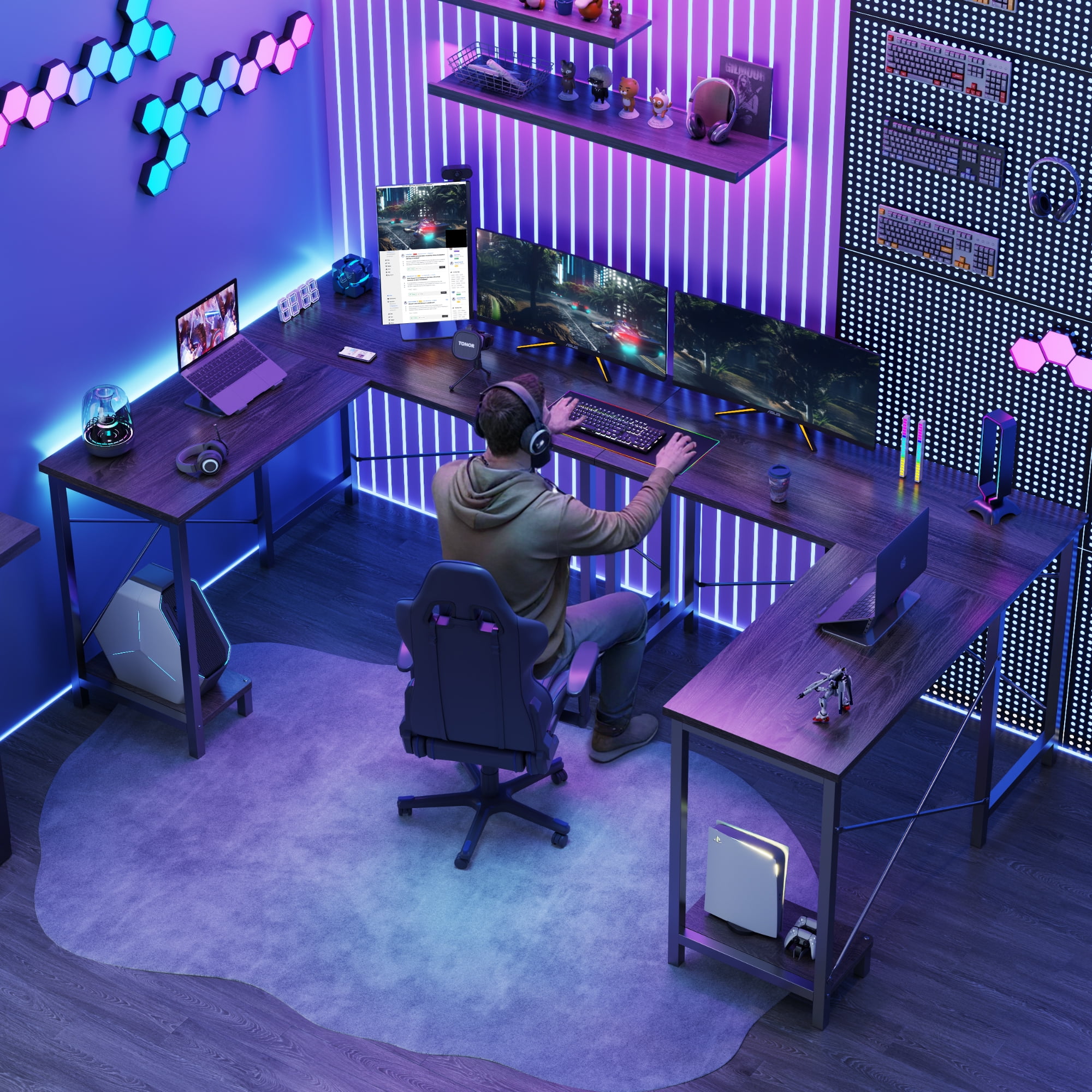 JIOABL 50" L-Shaped Corner Gaming Desk with Reversible CPU Stand, Waterproof Desktop & Metal Frame, Wood Gray