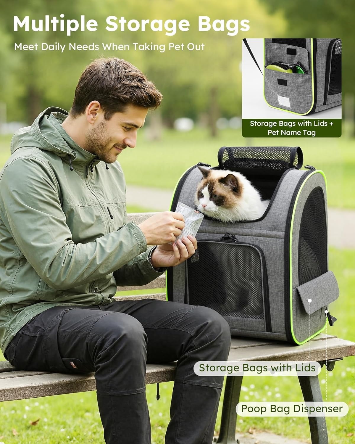 Cat Backpack Carrier XL, Expandable Pet Backpack for Cats & Small Dogs Up to 15lbs, with 4-Side Breathable Mesh, Multi-Entry & Lockable Zippers for Travel, Hiking, Camping - Hands Free, Gray