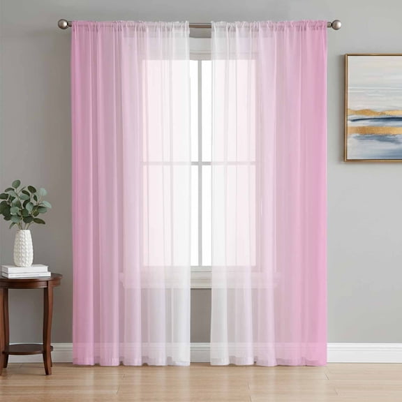 Pink Ombre Semi Sheer Curtains 108 Inch Length 2 Panels Set, Pink White Gradient Modern Abstract Art Sheer Kitchen Curtain Privacy Voile Window Curtain for Living Room Bedroom Rod Pocket Drapes