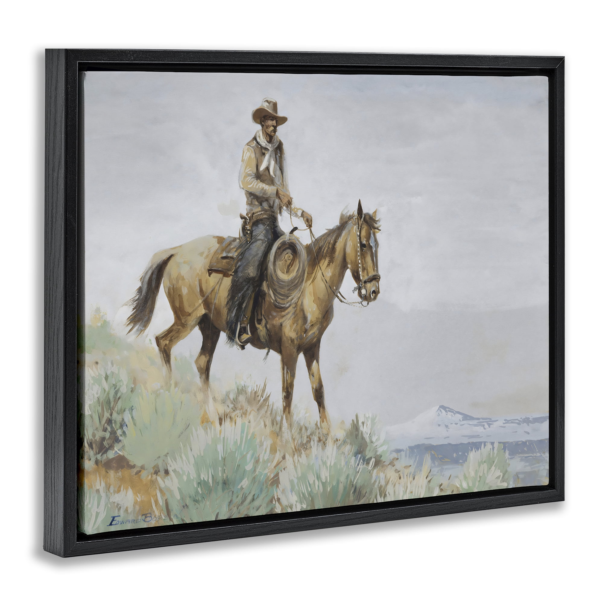 Stupell Industries Mounted Cowboy on Sagebrush Ridge Black Framed Floater Canvas Wall Art, design by Arlington Prints
