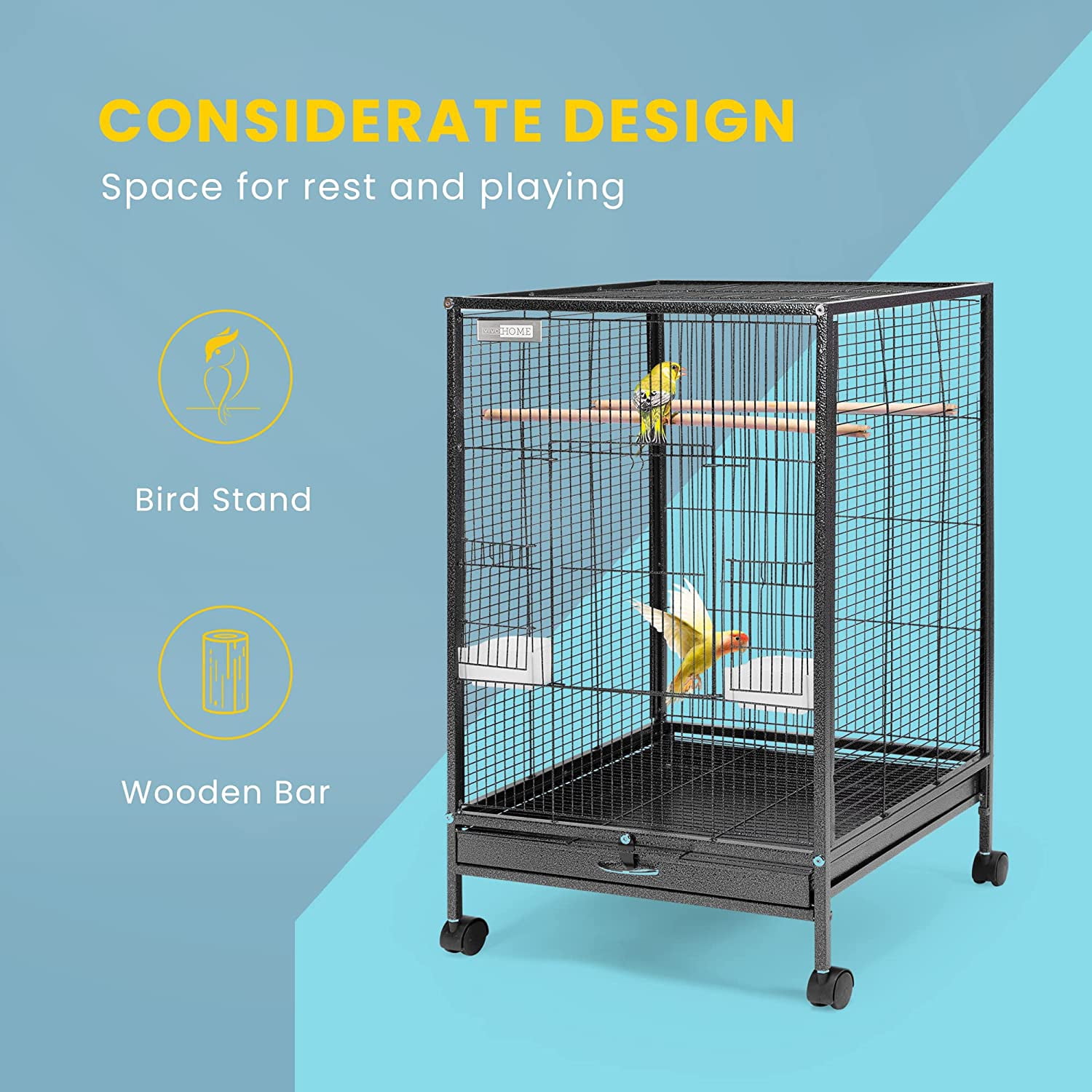 SPECSTAR 30" Large Rolling Metal Bird Cage with for Parrots, Lovebirds and Cockatiel