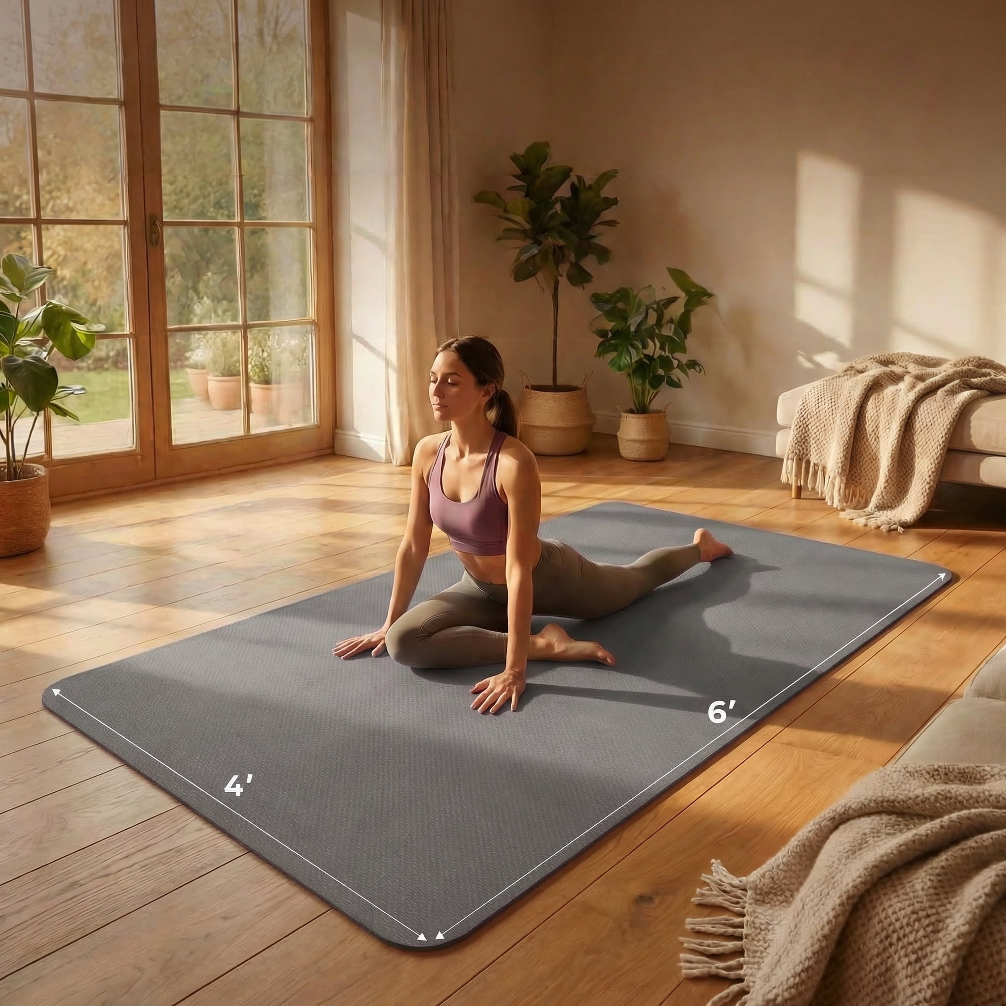 FrenzyBird Large Yoga Mat 6'x4' (72"x48") 183x122cm, 1/4" & 1/3" Thick TPE Non-Slip Extra Wide Exercise Mat, Big Home Workout Mat for Yoga, Pilates, Gym & Floor Workouts for Women & Men（6mm Gray）