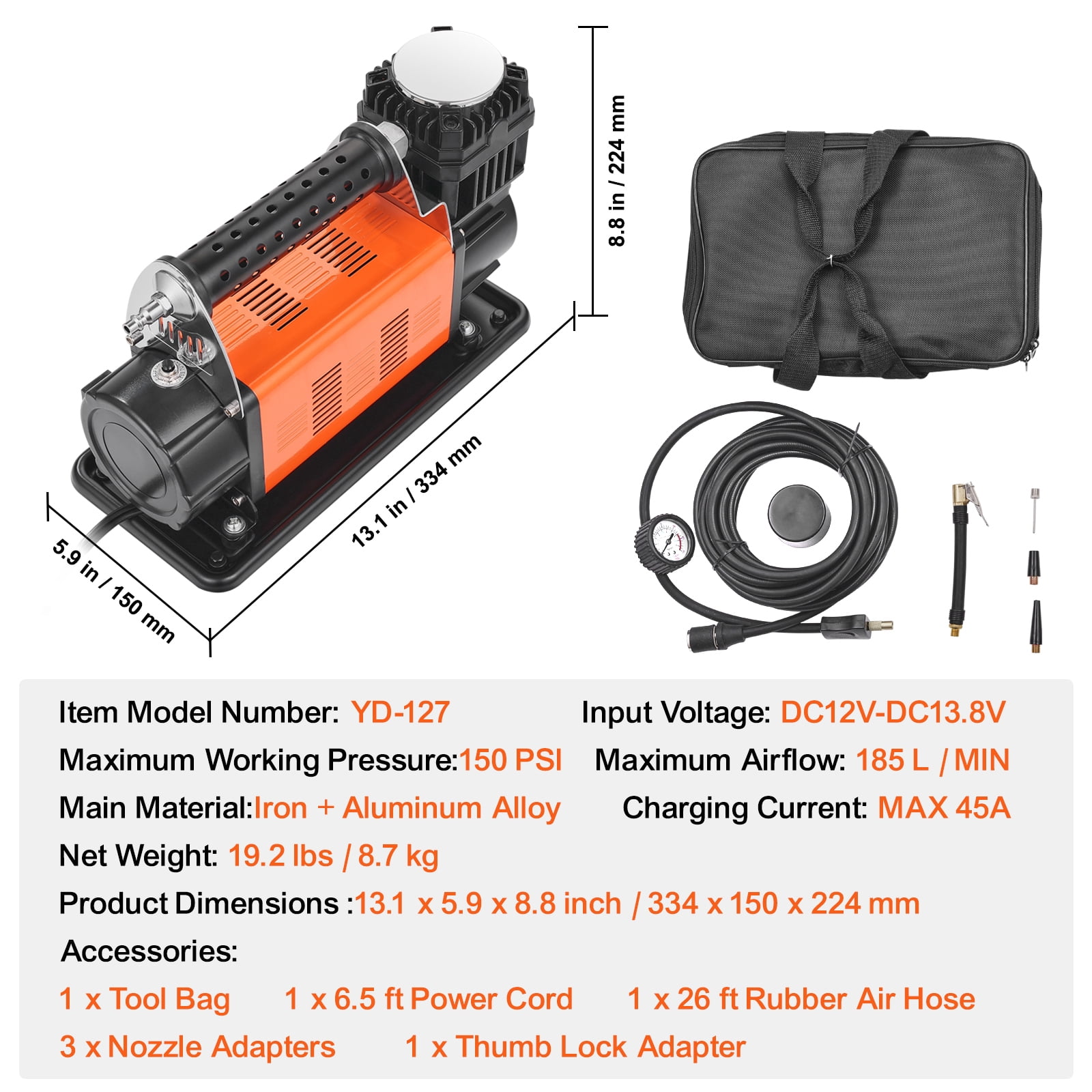 KFFKFF 12V Heavy Duty Air Compressor, 7.06CFM Robust Air Pressure Device, 150PSI Wilderness Air Pump with Connectors for Automobile SUV RV Truck - Comes with 6.5FT Power Cable, 26FT Air Tube