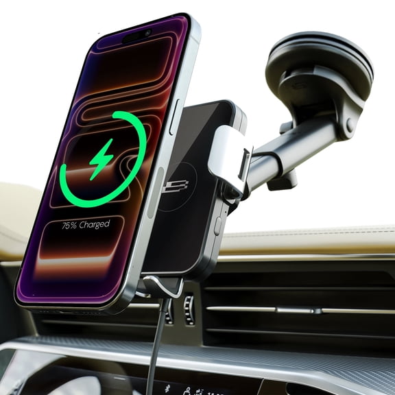 Bracketron PwrUp Automatic 15W Wireless Charging Car Mount for Dashboard, Windshield & Air Vent, Auto Lock, One-Button Release, Adjustable Arm for 4 - 7 Inch Phones