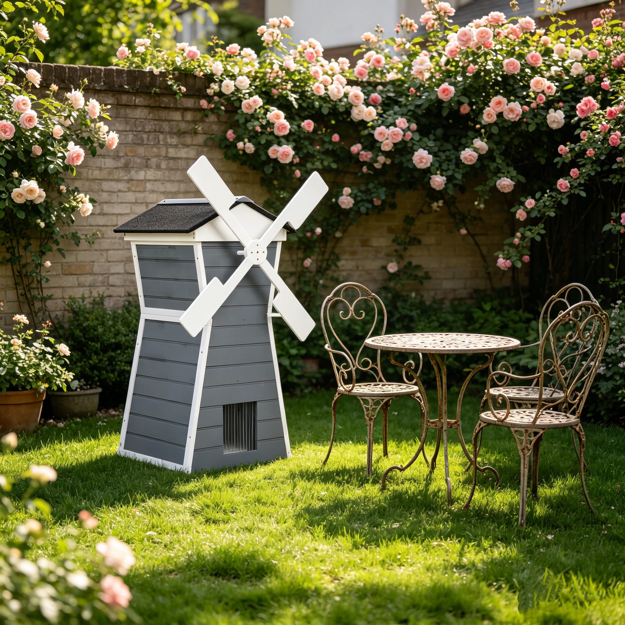 Coziwow Outdoor Cat House, Two-Story Windmill-Shaped Kitty Enclosure with Waterproof Roof, Viewing Platform for Porch or Garden