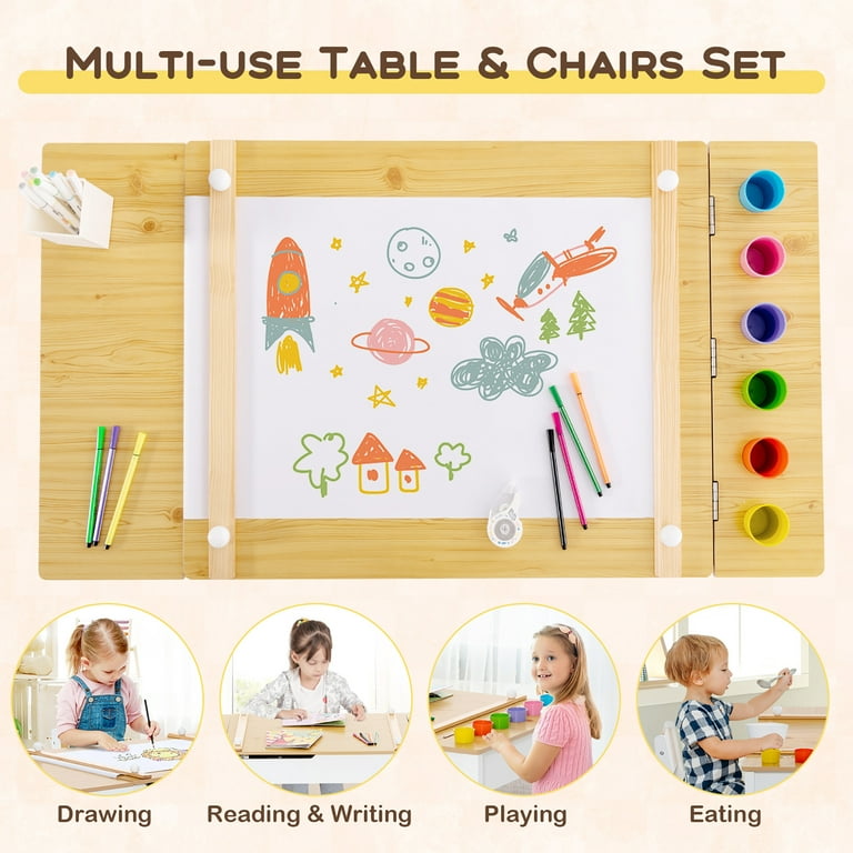 Gymax 2-in-1 Kids Wooden Art Table and Art Easel Set w/ Chairs