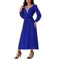 thumbnail image 4 of INSPIRE CHIC Women's Casual Long Sleeve V Neck Flowy Pleated Midi Dress with Belt, 4 of 5