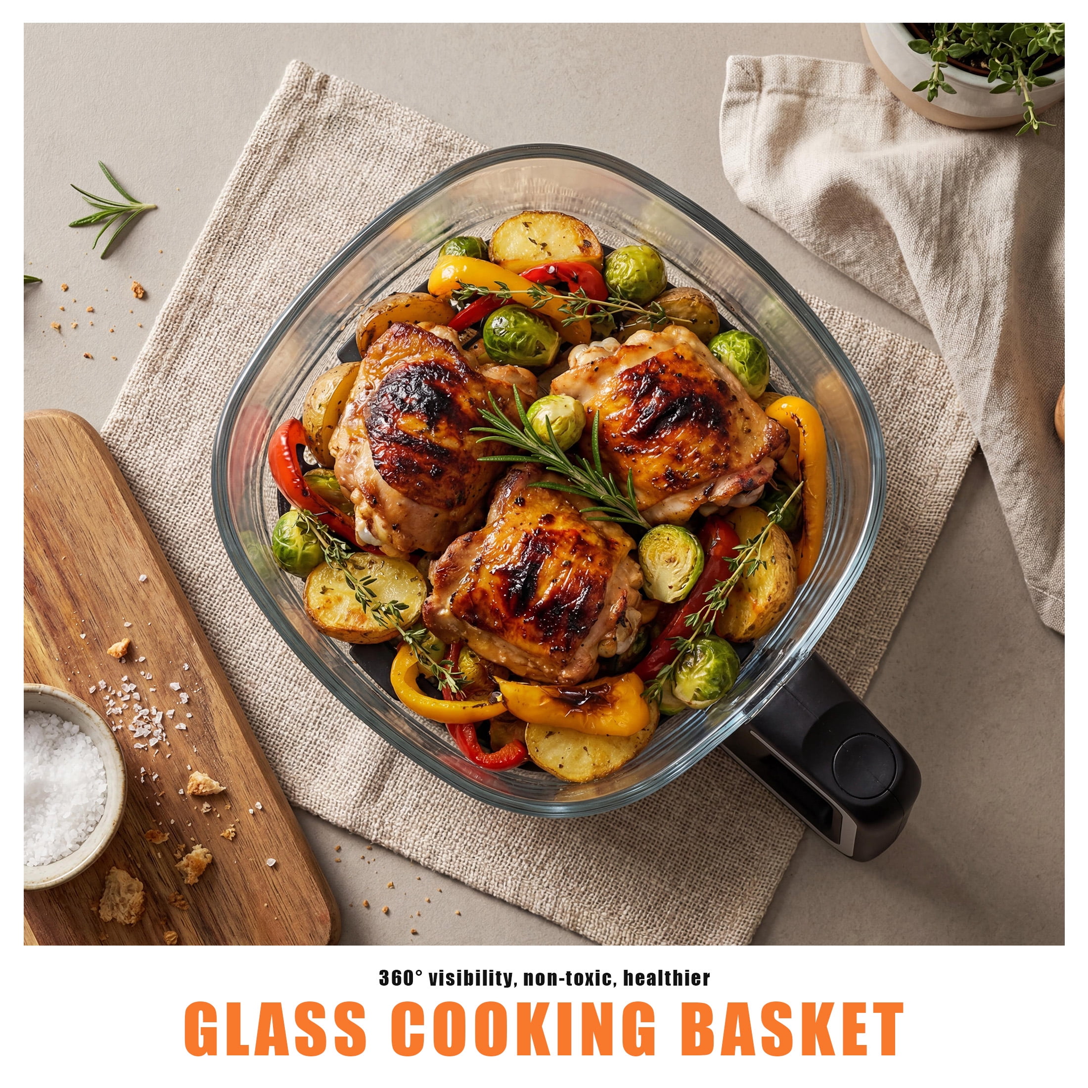 edx Glass Air Fryer, 4.5L Transparent Cooking Bowl, Reheat Function, Temperature Control, Dishwasher Safe, Black