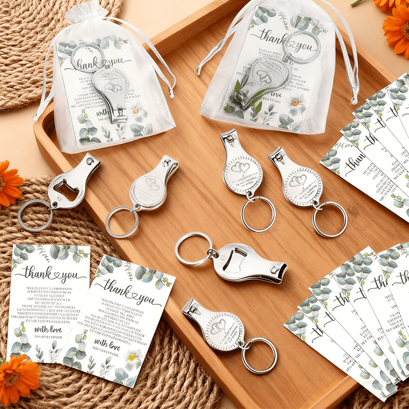 100Set Multi-Function Wedding Keychain Favors, 3 in 1 Nail Clippers Bottle Opener Keychain with Thank You Cards & Organza Bags, Practical Gifts for Baptisms Weddings Baby Showers, Silvery
