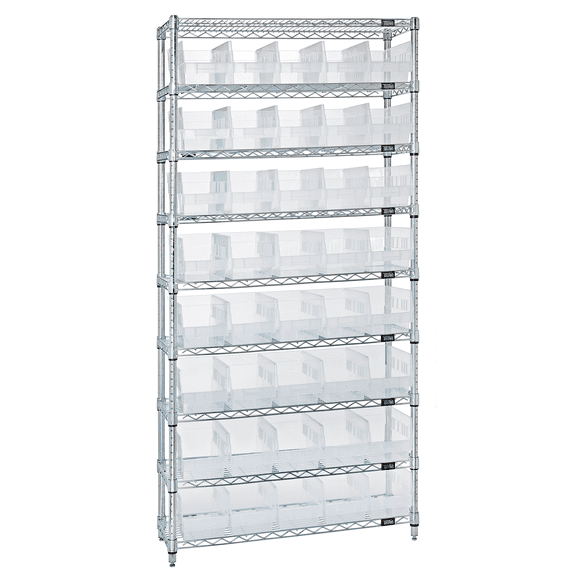 Quantum Storage Systems WR9-204CL Wire Heavy Duty 9 Shelves 74" H x 36" W x 18" D with 40 Clear Bins 18" L x 7" W x 6" H