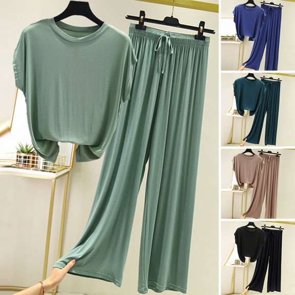 Joernso 2 Pcs/Set Women Summer Pajamas Comfortable Elastic Waist Solid Color Loose Drawstring Sleeping Wide Leg Short Sleeves Sports T-shirt Pants Set Female Garment