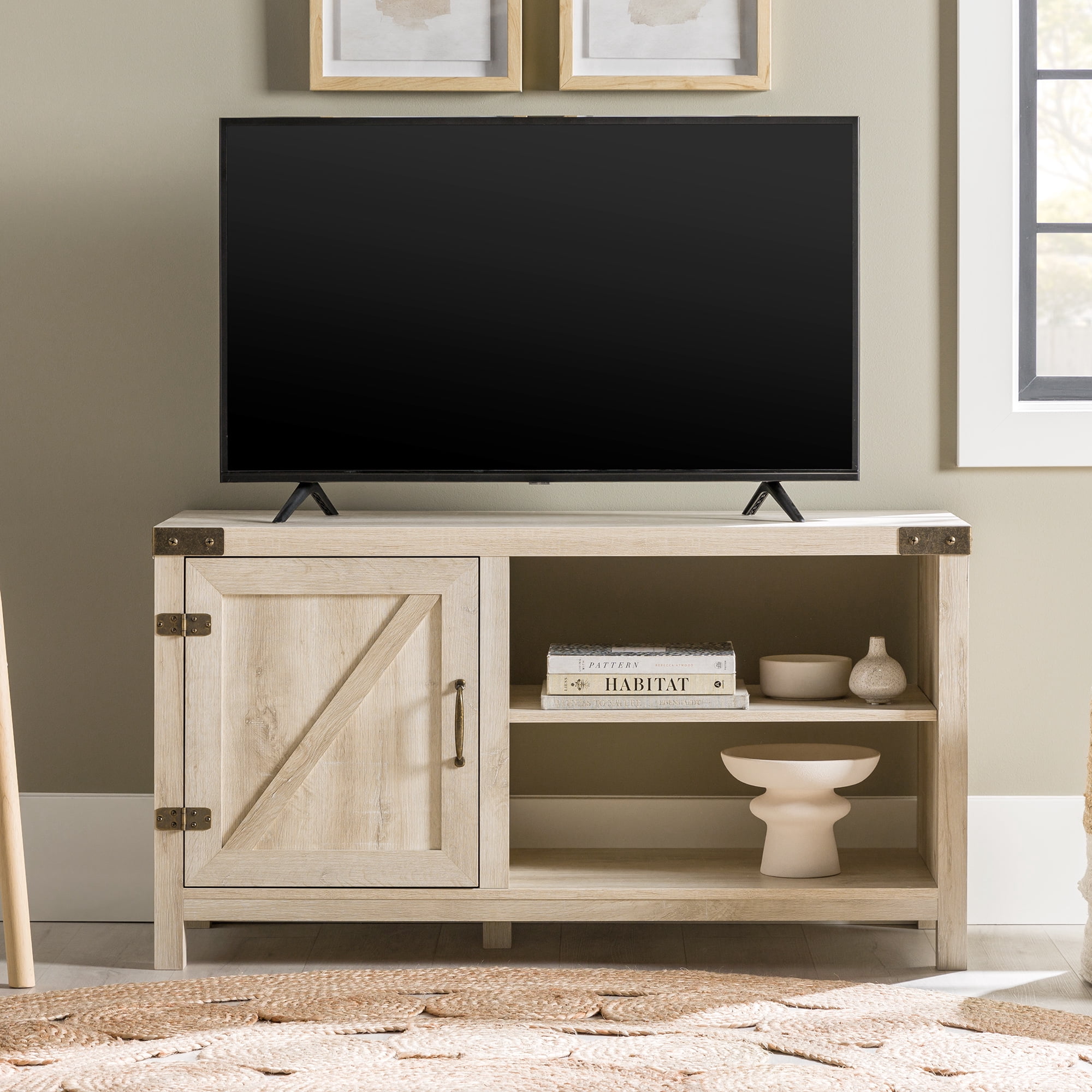 Woven Paths Farmhouse Barn Door TV Stand for TVs up to 50", White Oak