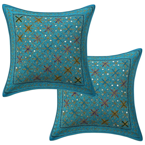 Stylo Culture Ethnic Sofa Throw Pillow Covers 16x16 Sequins Gold Zari Embroidered Turquoise Indian 40cm x 40cm Home Decor Cotton Floral Square Cushion Covers | Set Of 2