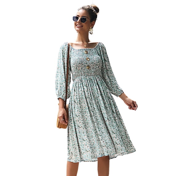 Summer Dresses for Women Maxi Dress Dropped Shoulder Floral Long Sleeve Dress