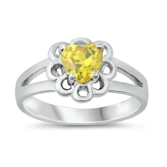 CHOOSE YOUR COLOR Yellow CZ Heart Flower Cutout Ring .925 Sterling Silver Band Female Size 3
