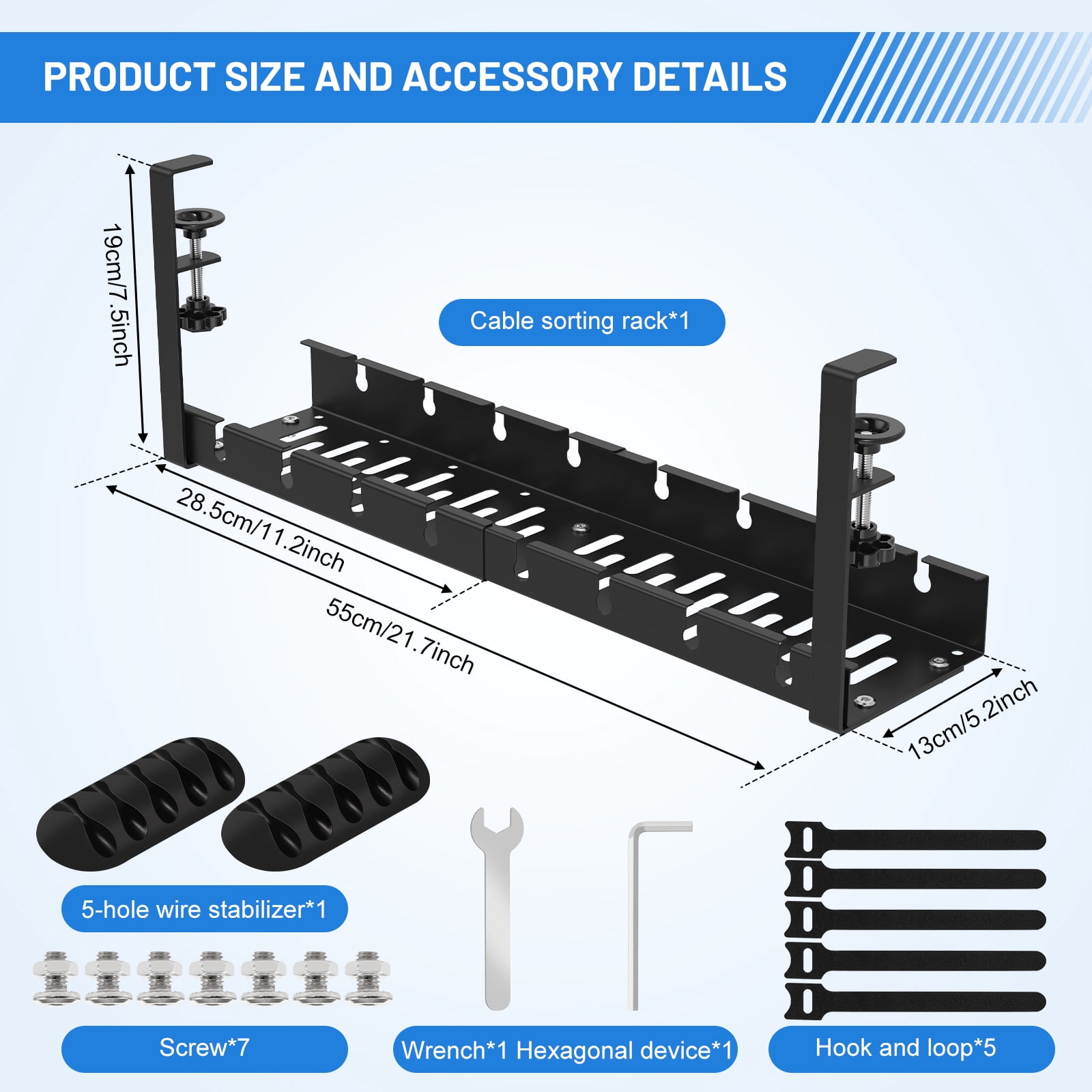 No Drilling Extendable Under Desk Cable Management, Metal Cable Management Tray Under Desk with Clamp, Retractable Power Strip Cord Holder for Wire Management from 11.8"-21.6 "