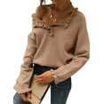 thumbnail image 3 of Women Sweaters Fall Winter Clothes Long Sleeve Button Up Ruffle Crew Neck Casual Knitted Pullover Tops Khaki XL, 3 of 8