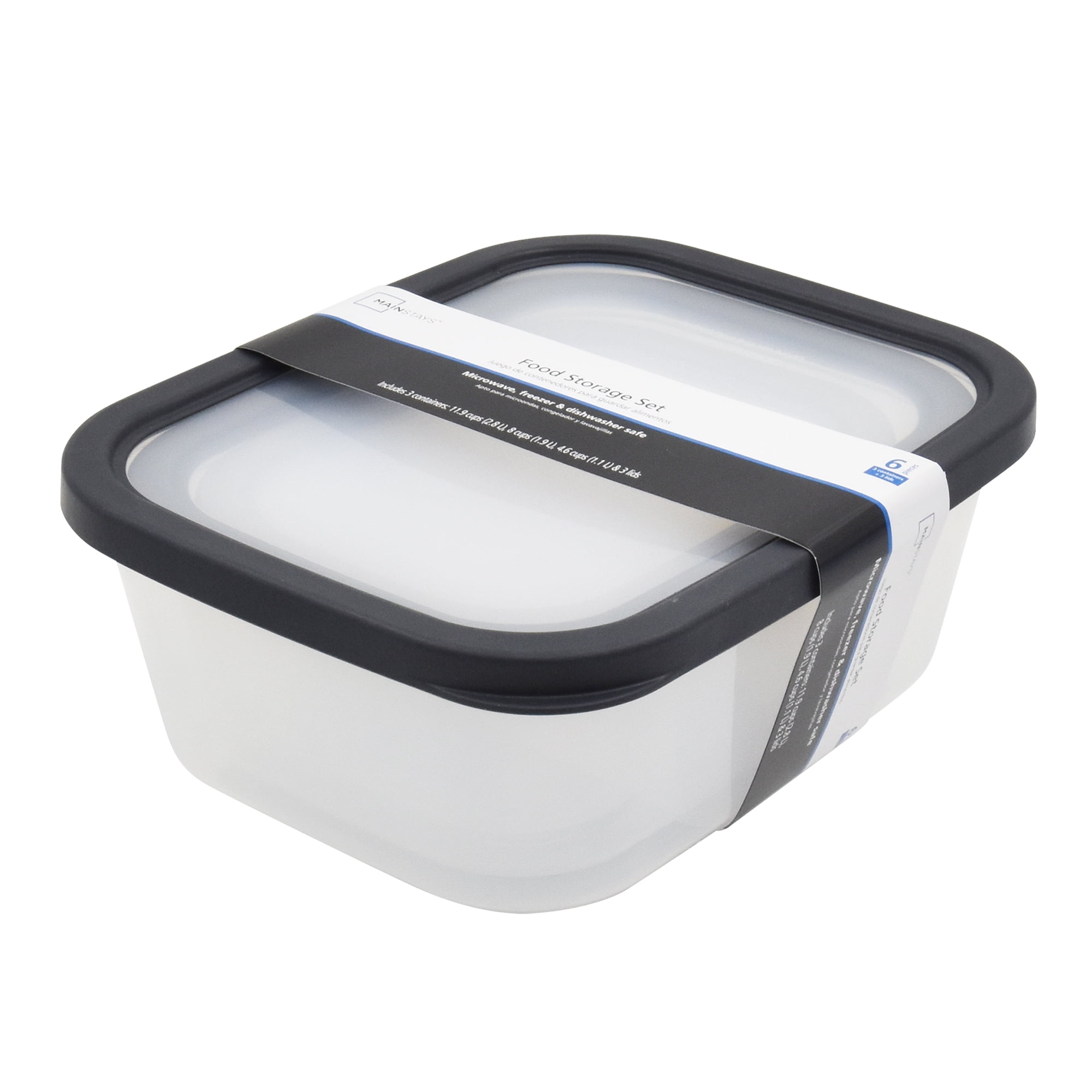 (4 pack) Mainstays Plastic Food Storage Container Set, Gray, 6 Pieces