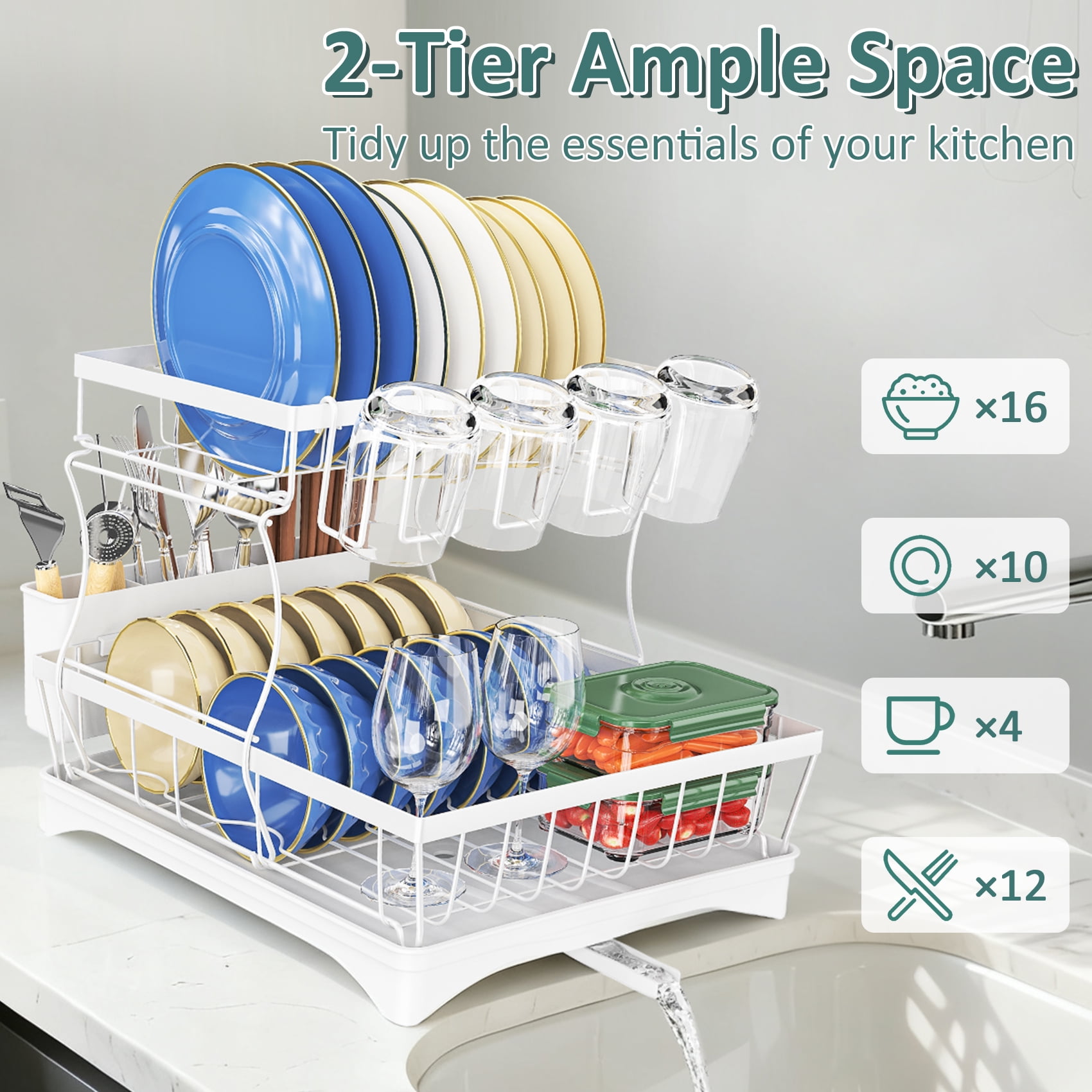 Glovv Large Capacity Dish Racks for Kitchen Counter, 2 Tier Collapsible Over the Sink Dish Rack,Versatile Dish Drying Rack with Auto Drainage System and Breathable Mesh Basket, White