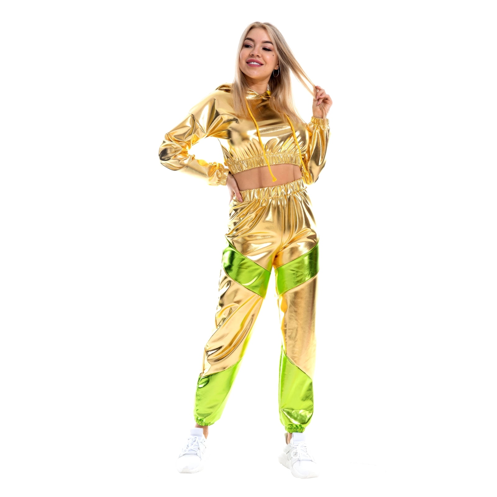 IBTOM CASTLE Women's Rave Outfit Shiny Crop Top Hoodie Casual Long Pants Hooded Workout Sweatshirt Dance Clubwear XL Gold