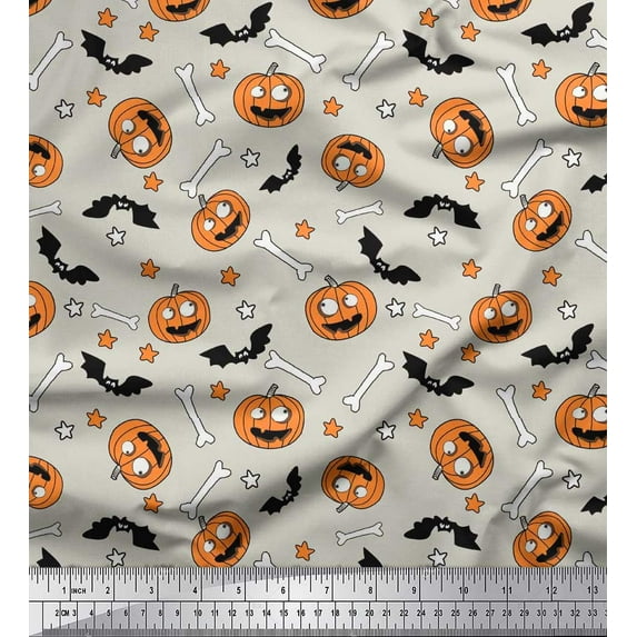 Soimoi Polyester Crepe Fabric Pumpkin,Bone & Bat Halloween Printed Fabric 1 Yard 42 Inch Wide