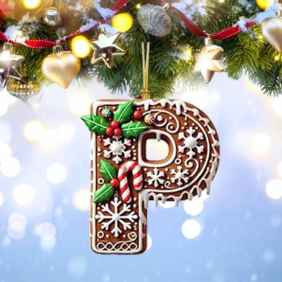 Personalized Christmas Letter P Ornament, DIY Gingerbread Acrylic Alphabet Decoration with Holly and Candy Cane, Hanging Tree Gift Tag for Party