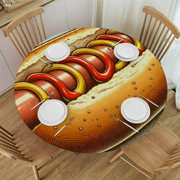 BCIIG Hot Dog Condiments Round Table Cover Stain Resistant Washable Indoor Outdoor Tablecloth Kitchen Dining Wedding Parties 100% Polyester Fiber 31-35