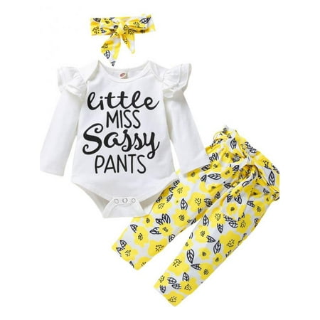 

3 Pcs Baby Girls Fall Winter Clothes Ruffle Long Sleeve Romper Bodysuit And Floral Pants Headband Outfit Sets