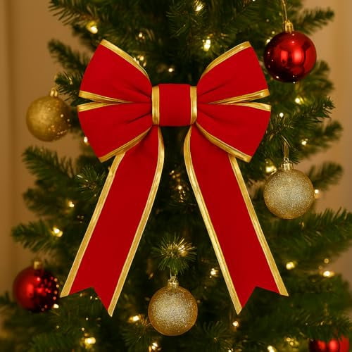 Christmas Designers 18in Red Velvet Christmas Bow with Gold Trim UV Protected Indoor Outdoor
