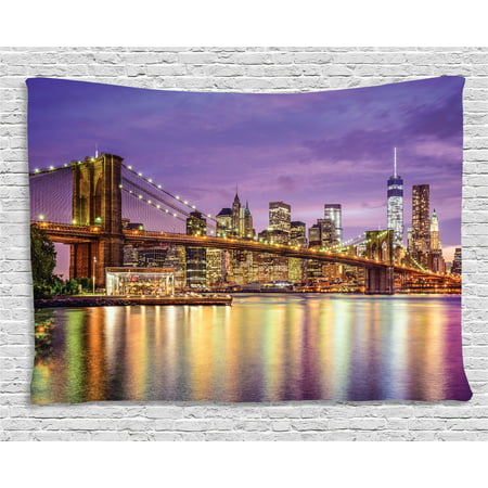 New York Tapestry, NYC Exquisite Skyline Manhattan Broadway Old Neighborhood Tourist Country Print, Wall Hanging for Bedroom Living Room Dorm Decor, 60W X 40L Inches, Purple Gold, by
