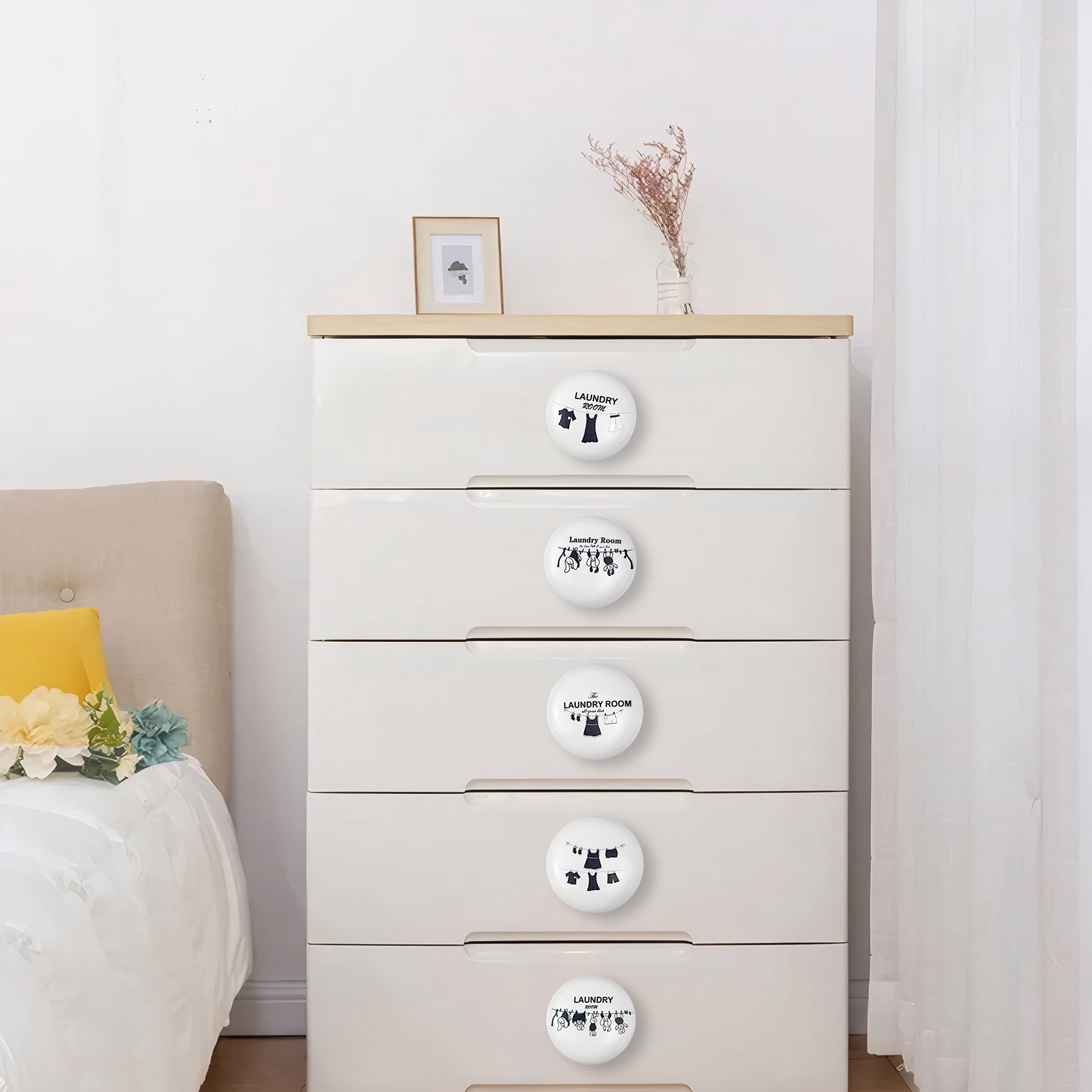 Jamjam 8Pack1.5"Clothesline Ceramic Knob Unique Retro Laundry Washing Line Room Black and White Furniture Cabinet Drawer Knobs Handles or Pulls
