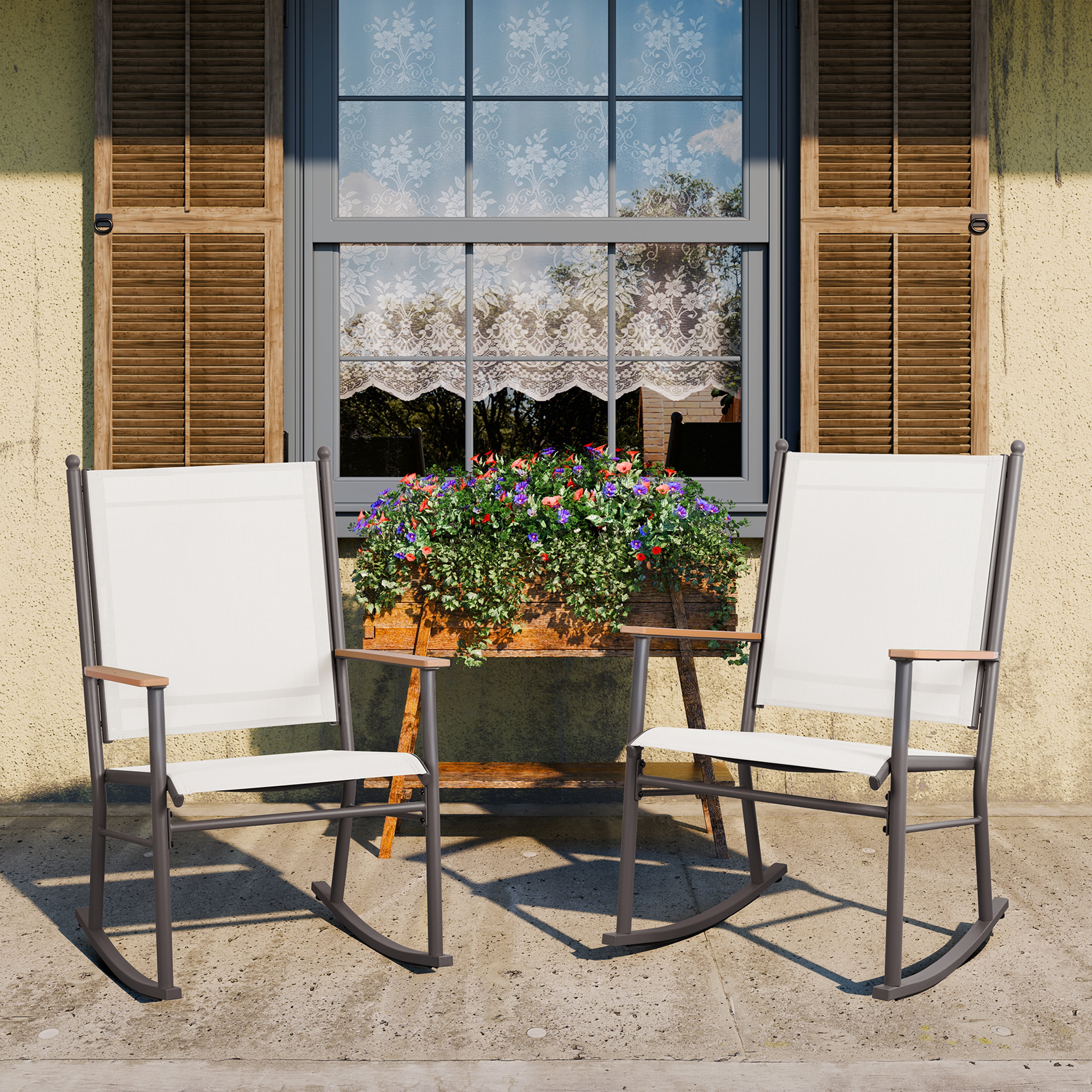 Walsunny Outdoor Patio Chairs Set of 2 Rockers Metal Rocking Chairs Furniture for Porch Backyard Lawn Garden,Cream