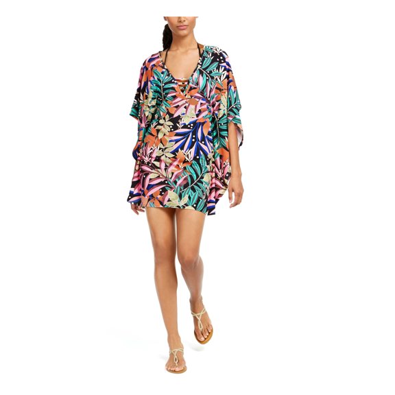 BAR III Women's Multi Color Palm Print Stretch V-Neck Tunic Cutout Hidden Jungle Swimsuit Cover Up XL