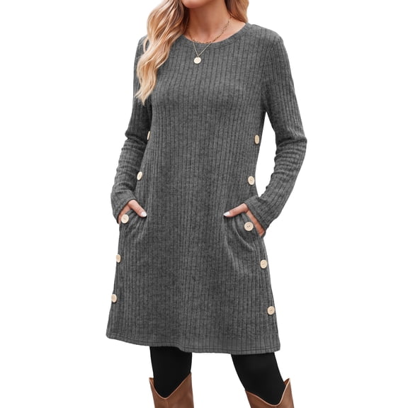 Fantaslook Long Sleeve Womens Dresses Crew Neck Buttons Tunic Sweater Dress with Pockets