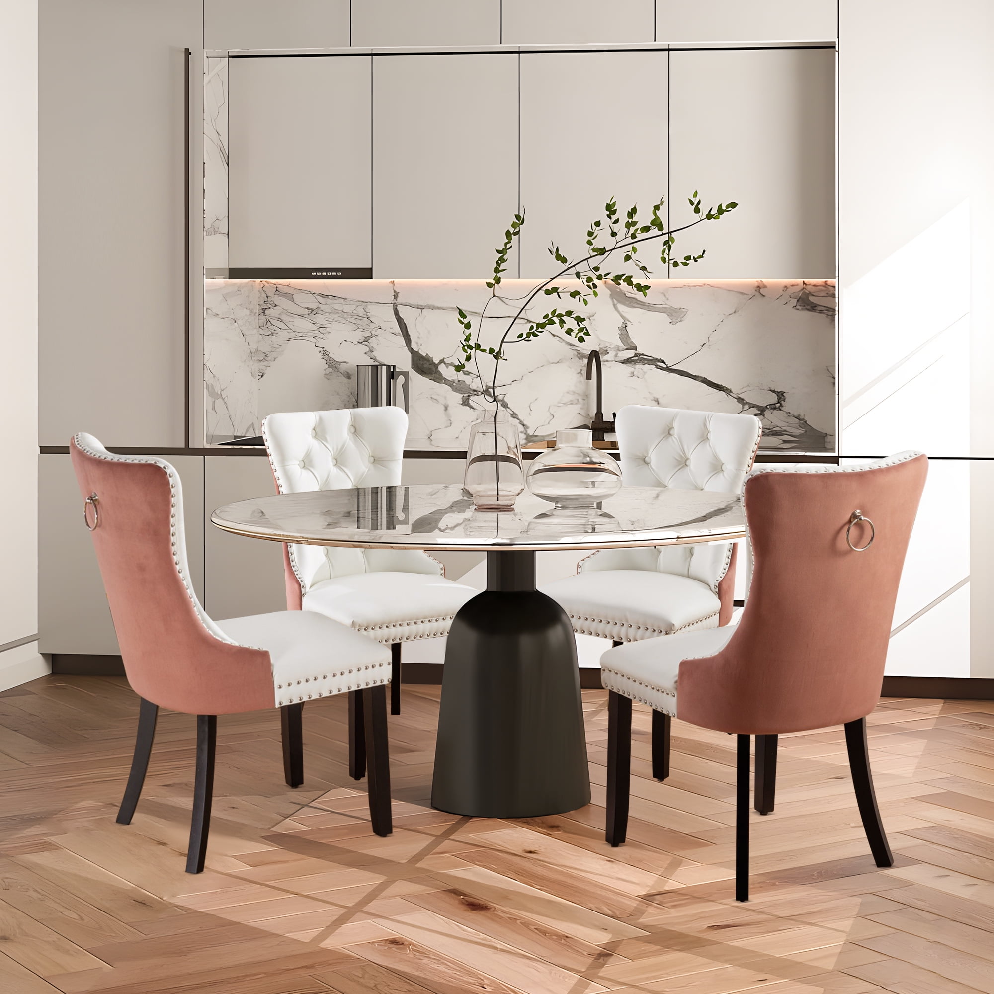 DONICK Velvet White Pink Upholstered Dining Chairs Set of 2, Kitchen & Dining Room Chairs Nailheads Tufted Soft Solid Wood Frame