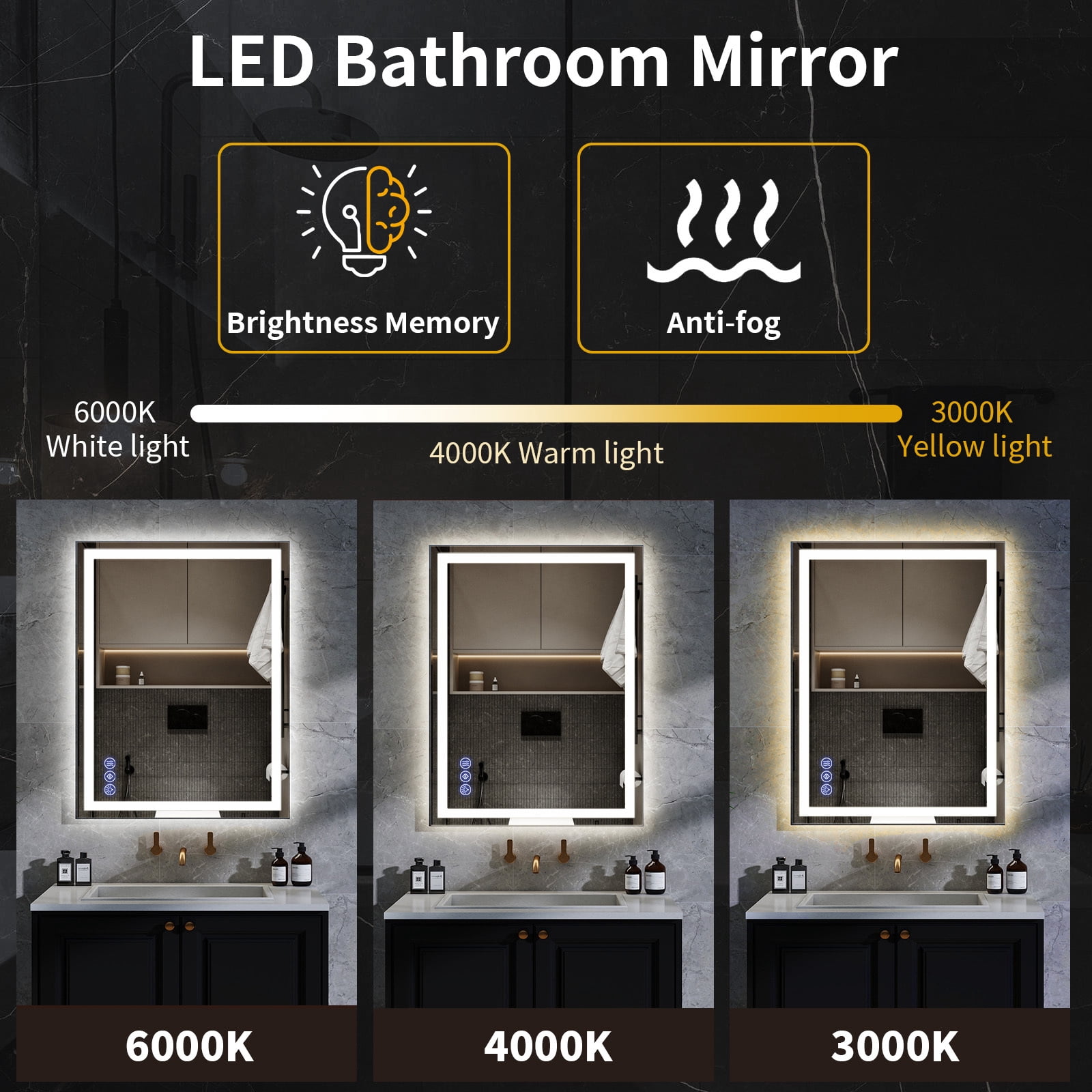 Easy4Home 26"x38" LED Bathroom Mirror Wall Mounted Anti-Fog Vanity Mirror with Adjustable Lights, White