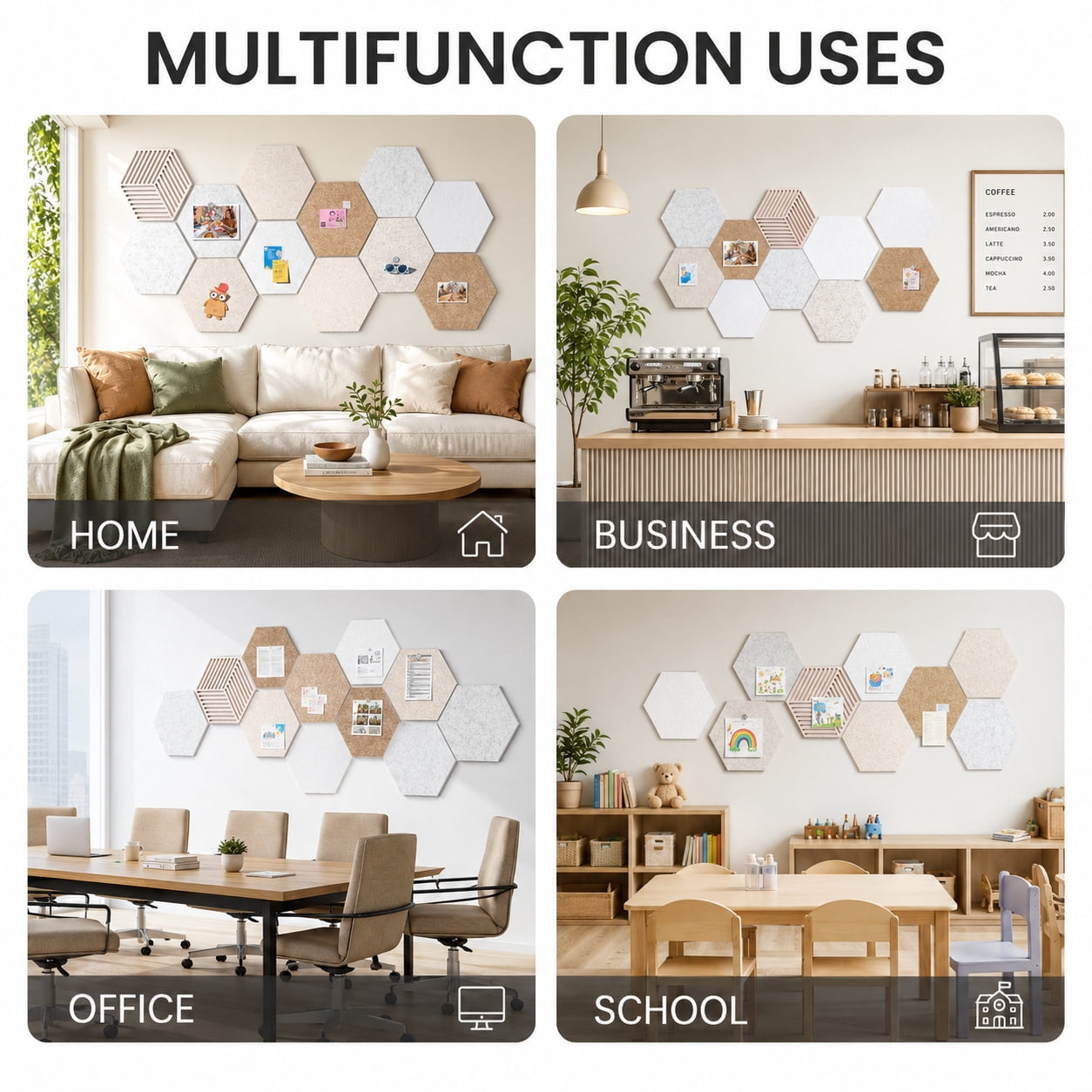 HBK Hexagon Cork Tiles 10 pack with 50 Pins, Self-Adhesive Wall Bulletin for Home Office Decor, Classroom Organization and Photo Display