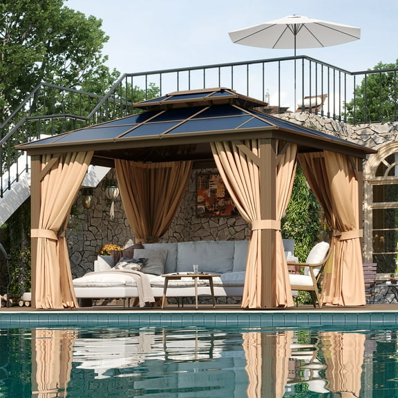 Sunmthink 10'x12' Hardtop Steel Gazebo - Durable Polycarbonate Double-Roof Design with Included Privacy Curtains & Bug Netting - Ideal for Gardens, Patios and Backyards (Brown)