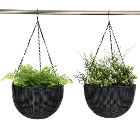 Hanging Gardens Plant - Costway Set Of Two 13.8'' Round PE Rattan Garden Plant Hanging Planters Decor Pots Black